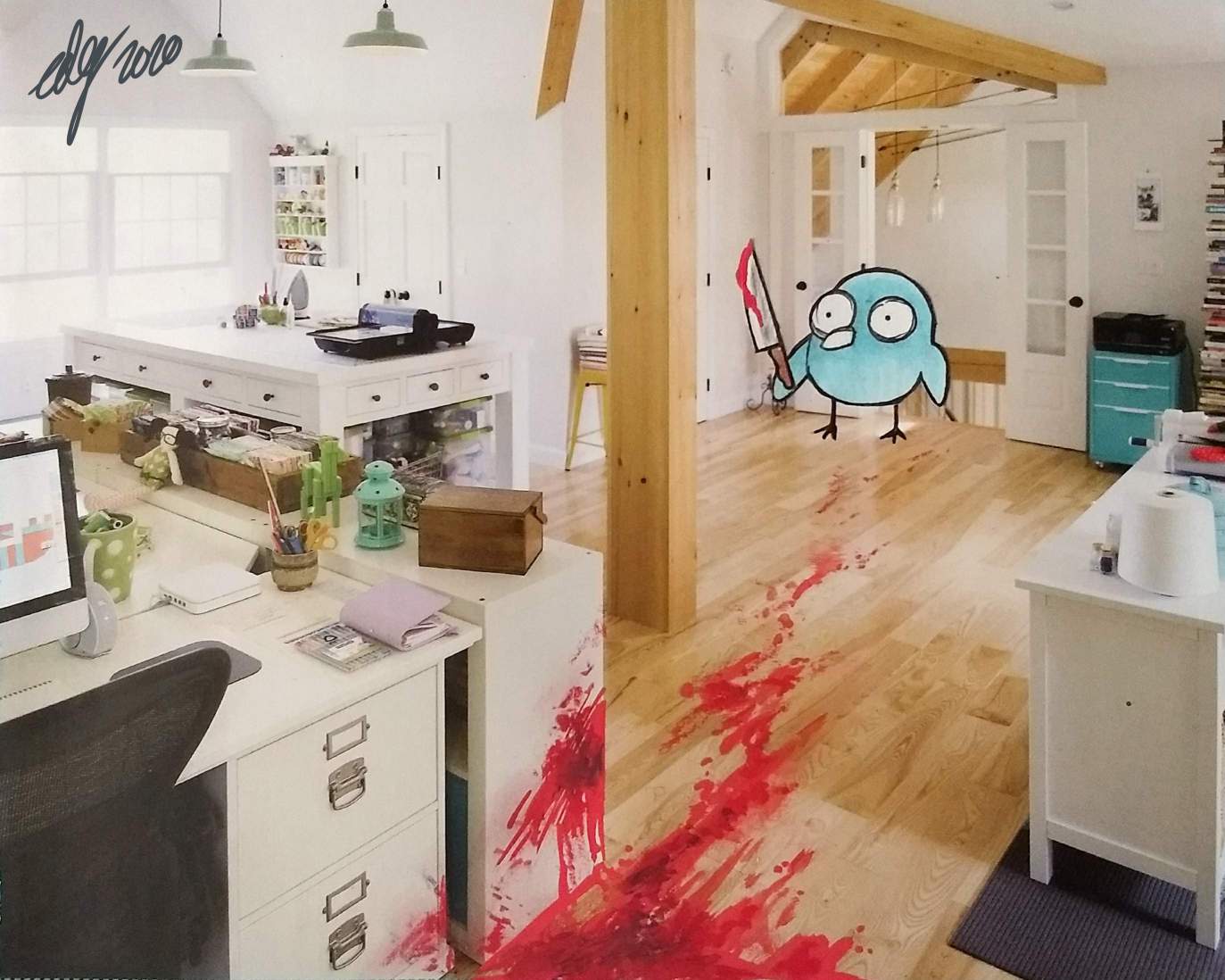 A collage of a bird standing at the doorway of a home office, holding a bloody knife. Lots of blood can be seen close up, among the furniture. A trail of blood points towards the bird.